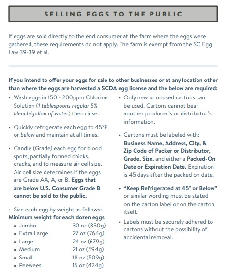 Selling eggs in SC